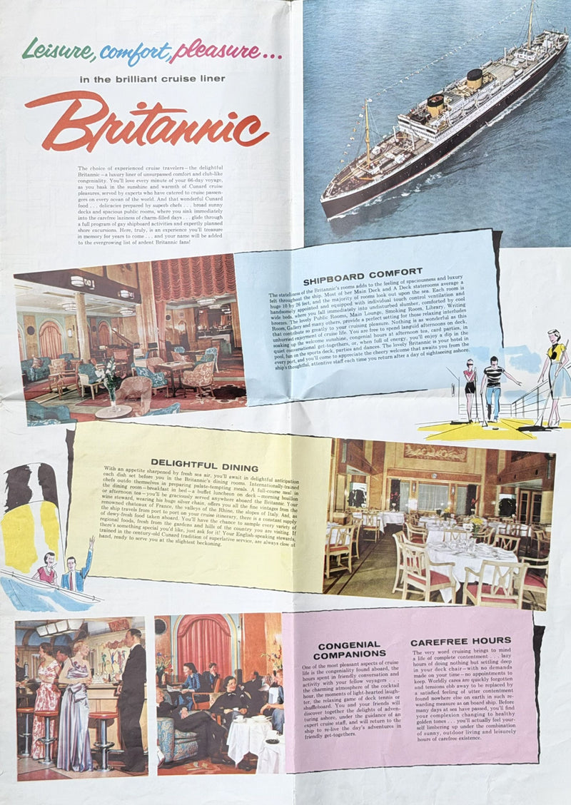 BRITANNIC: 1930 - Large 1958 Mediterranean cruise brochure w/ plans
