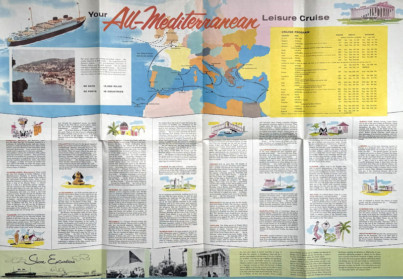 BRITANNIC: 1930 - Large 1958 Mediterranean cruise brochure w/ plans
