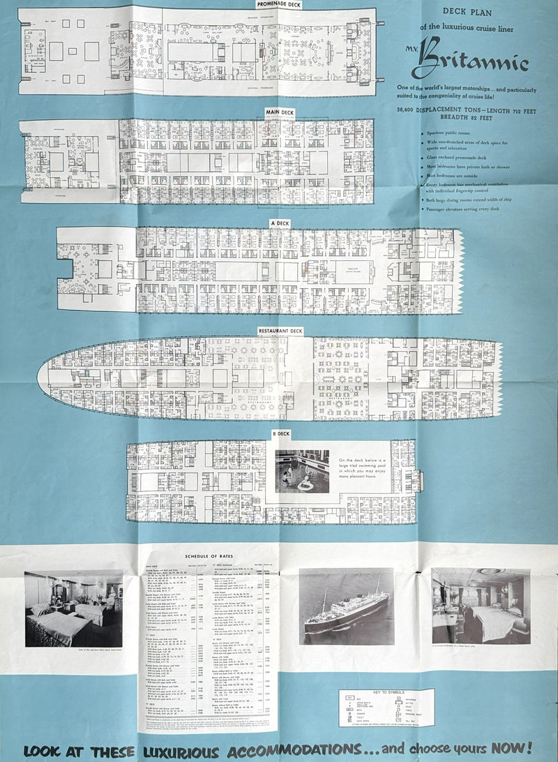 BRITANNIC: 1930 - Large 1958 Mediterranean cruise brochure w/ plans