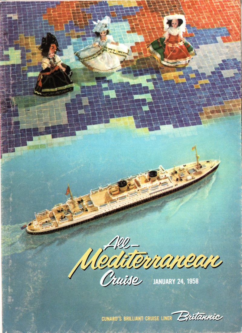 BRITANNIC: 1930 - Large 1958 Mediterranean cruise brochure w/ plans