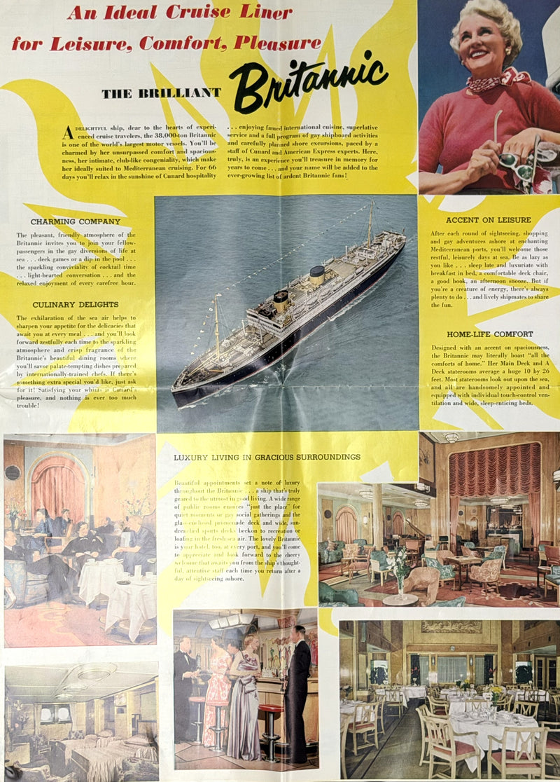 BRITANNIC: 1930 - Large Mediterranean cruise plan w/ color interiors from 1955