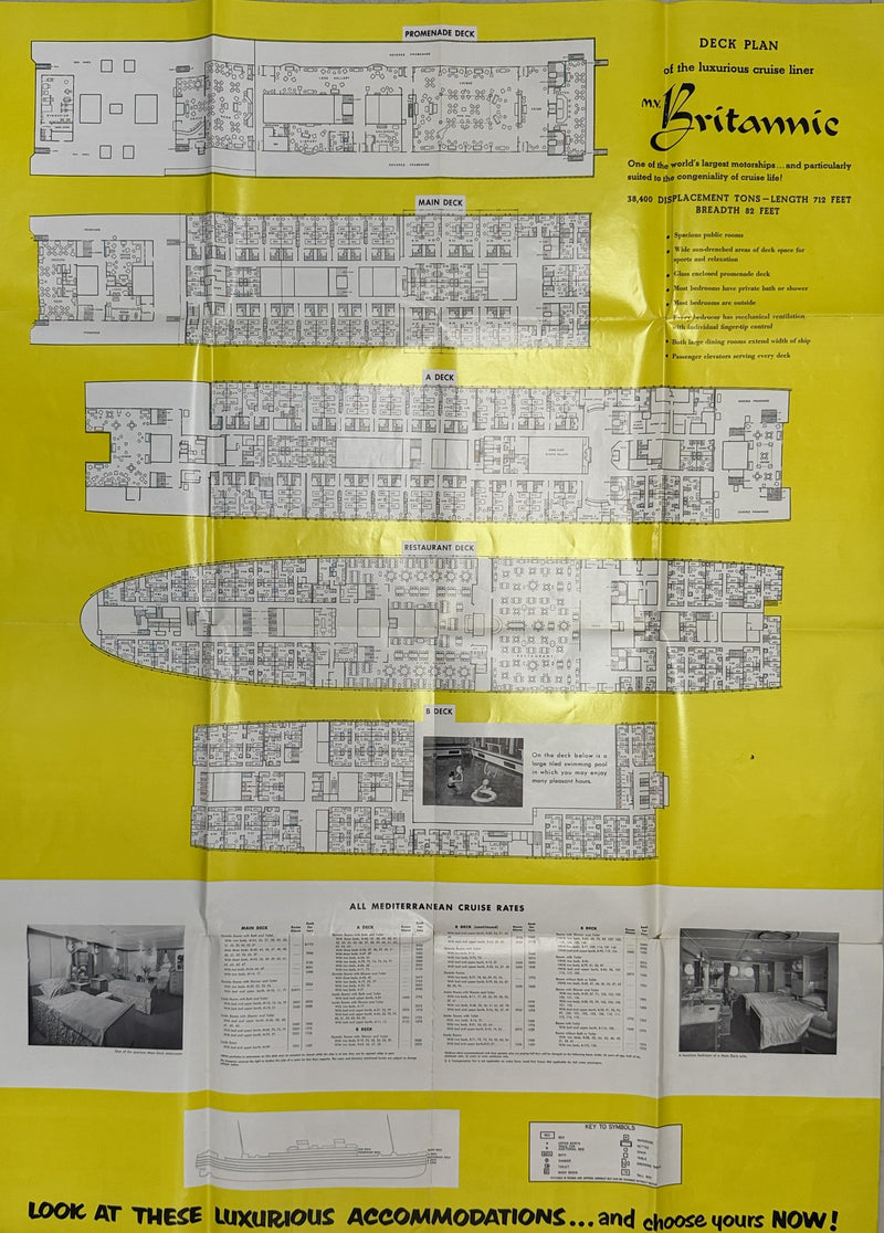 BRITANNIC: 1930 - Large Mediterranean cruise plan w/ color interiors from 1955