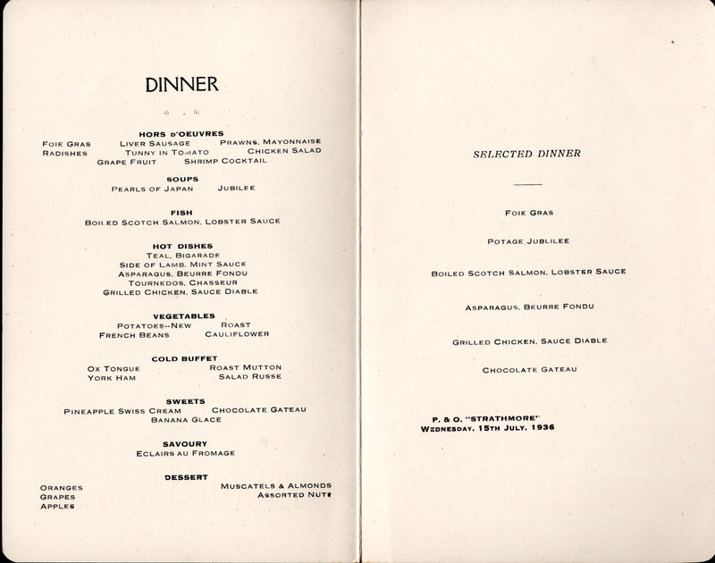 STRATHMORE: 1935 - First Class dinner menu from July 15, 1936
