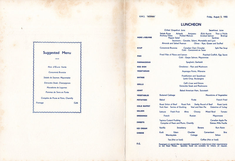 IVERNIA: 1955 - 10 First Class menus from second month of service 1955
