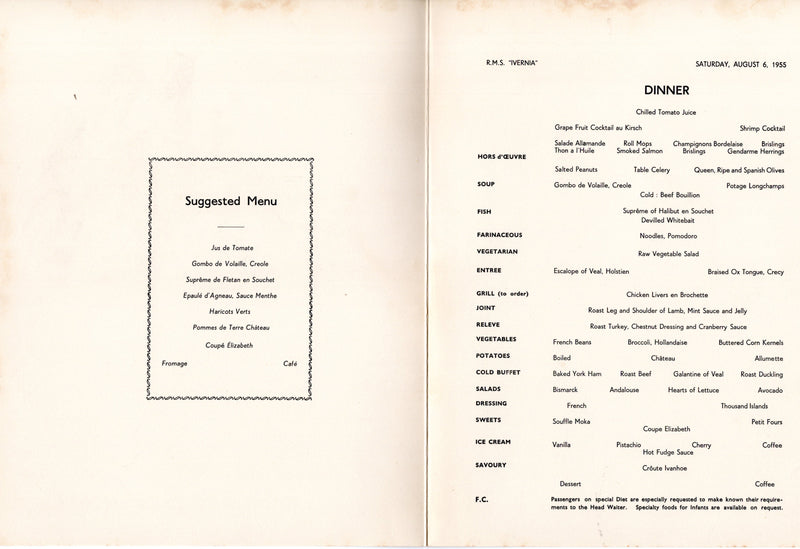 IVERNIA: 1955 - 10 First Class menus from second month of service 1955