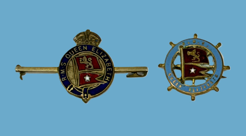 QUEEN ELIZABETH: 1940 - 2 souvenirs - scarf pin & ship's wheel pin