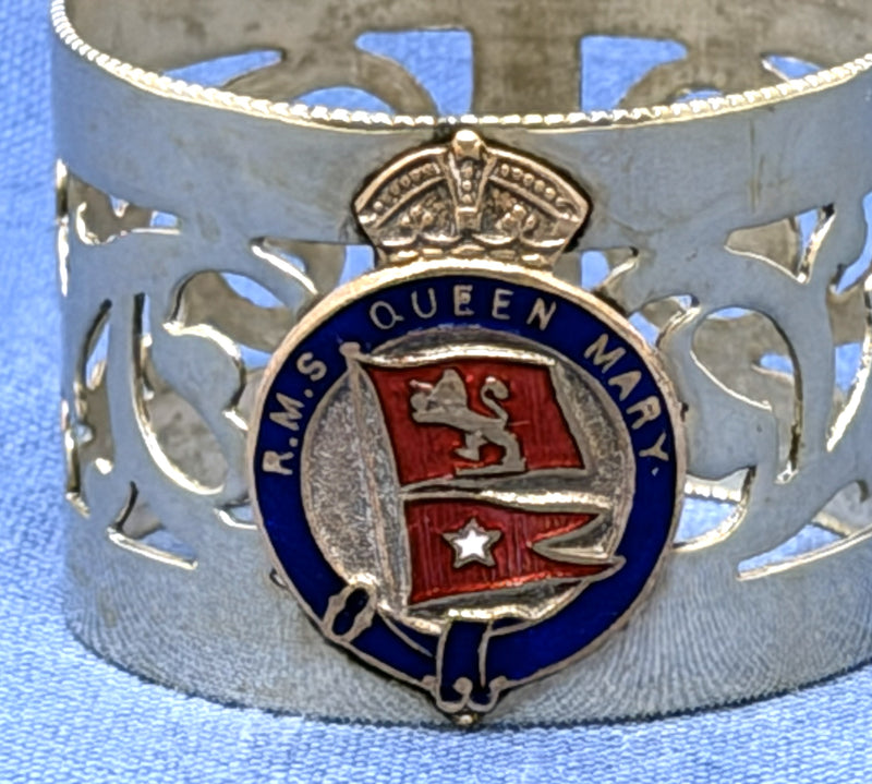 QUEEN MARY: 1936 - Silverplated napkin ring w/ Cunard-White Star houseflags