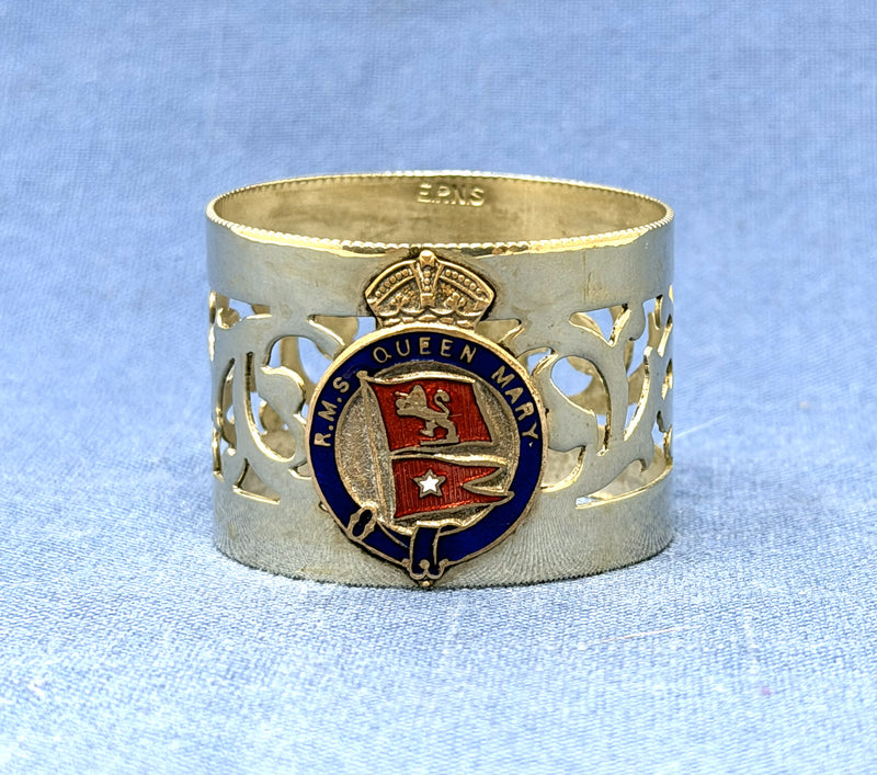 QUEEN MARY: 1936 - Silverplated napkin ring w/ Cunard-White Star houseflags