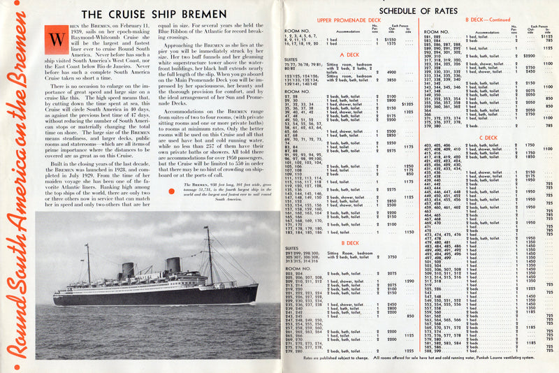 BREMEN: 1929 - "Round South America" cruise brochure from 1939