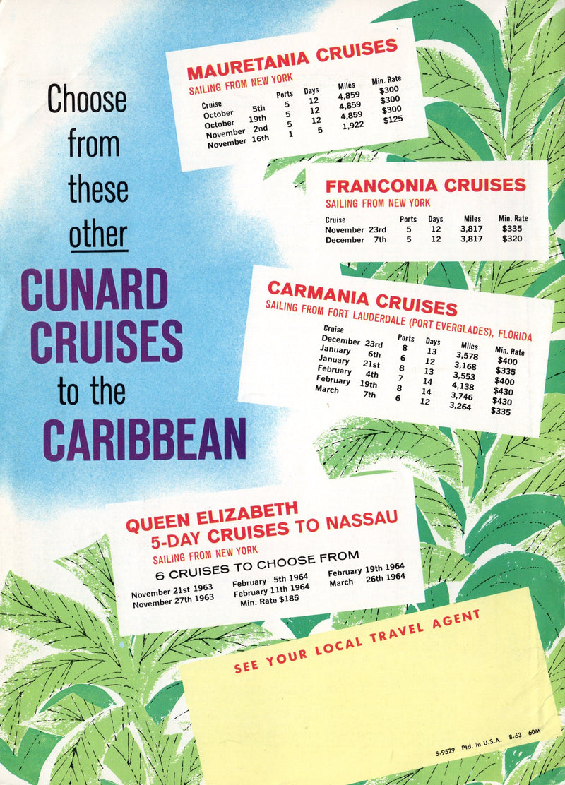 FRANCONIA: 1955 - Intro 1963 cruise brochure + separate deck plan