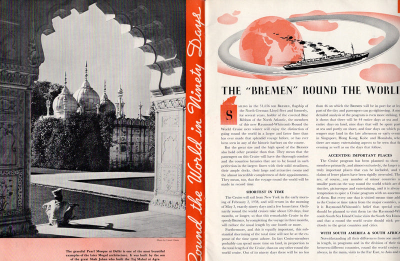 BREMEN: 1929 - Deluxe World Cruise brochure from 1938