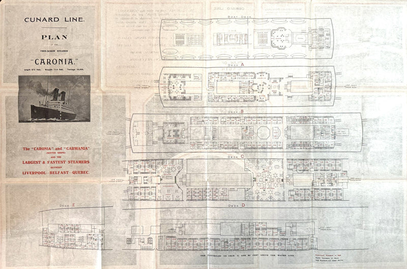 CARONIA: 1905 - One Class deck plan w/ large interior photos from 1920s