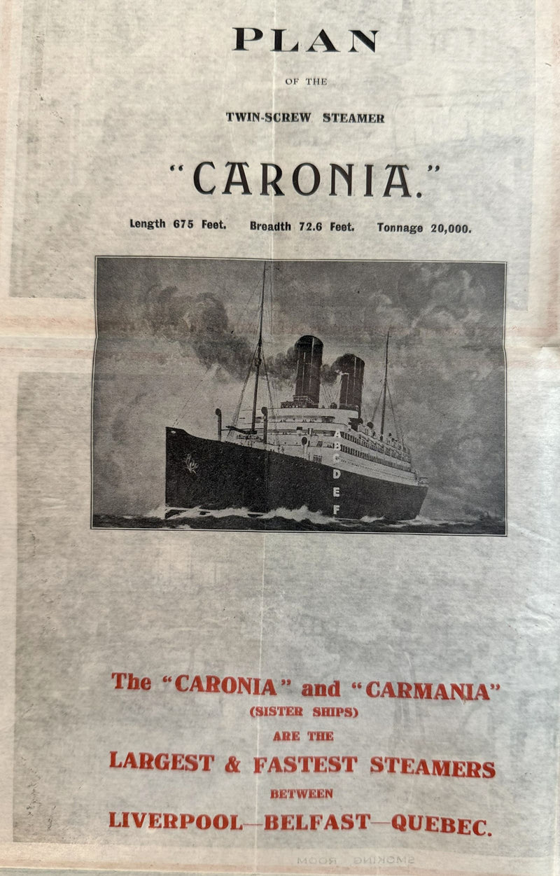 CARONIA: 1905 - One Class deck plan w/ large interior photos from 1920s