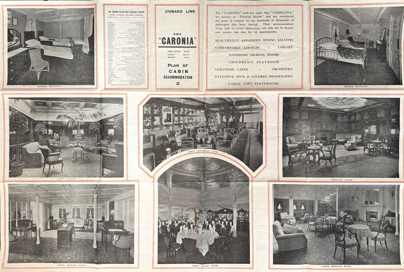 CARONIA: 1905 - One Class deck plan w/ large interior photos from 1920s
