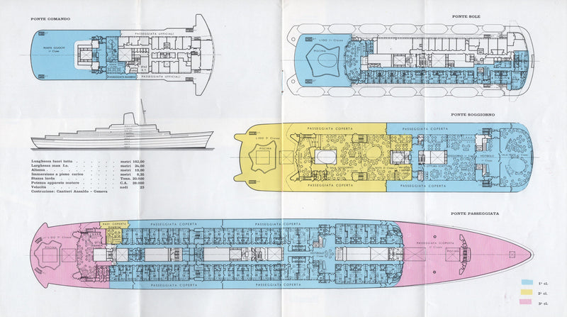 FEDERICO C: 1958 - Color deck plan/interiors brochure from 1950s/60s
