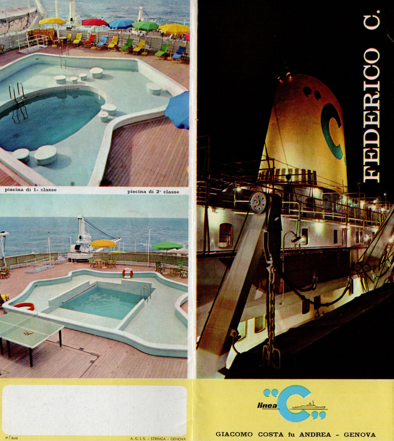 FEDERICO C: 1958 - Color deck plan/interiors brochure from 1950s/60s