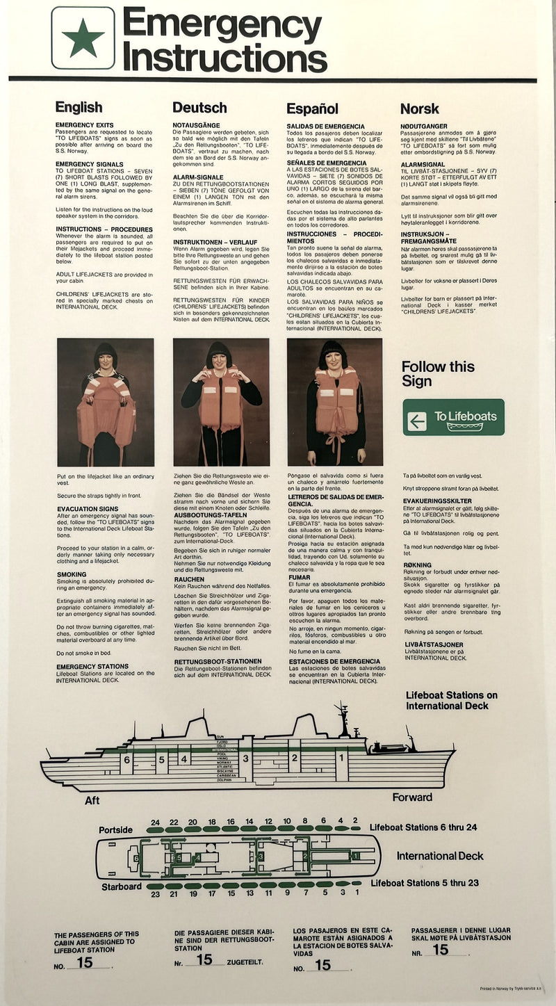 NORWAY: 1962 - Cabin emergency instructions sign