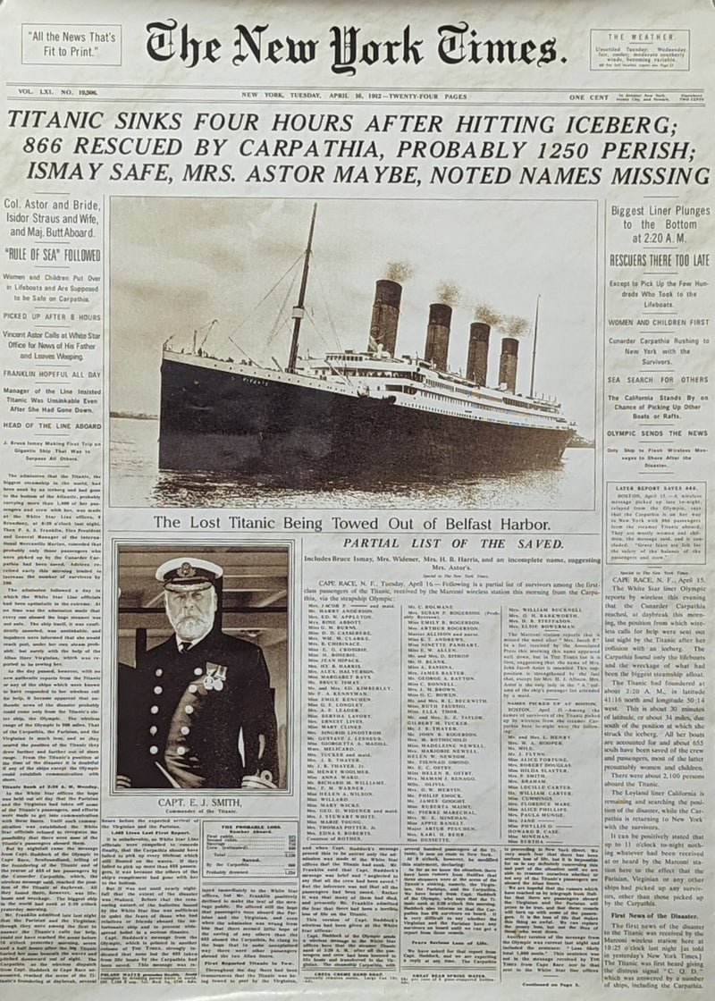 TITANIC: 1912 - Poster-Size New York Times front page April 16, 1912