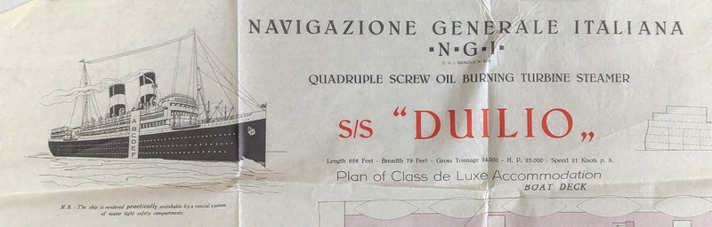 DUILIO: 1923 - Large tissue First Class deck plan w/ photos