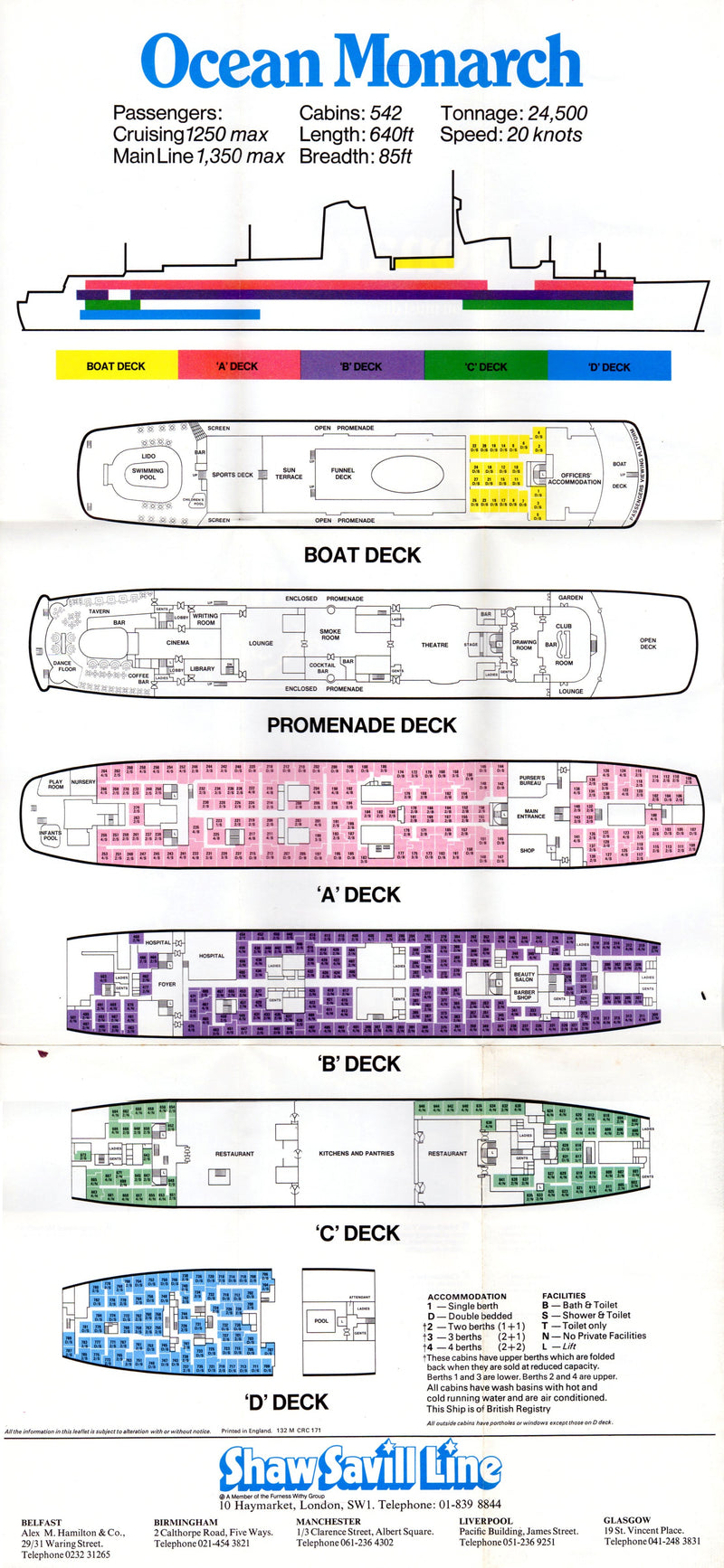 OCEAN MONARCH: 1957 - Deck plan & interiors from 1971