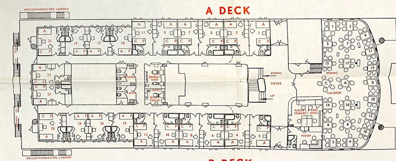 NOORDAM: 1938 - Deck plan w/ interiors from 1948