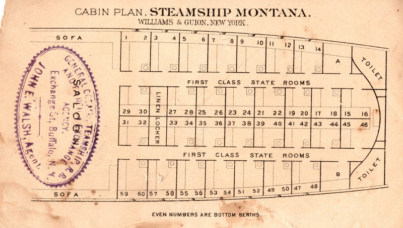 MONTANA: 1874 - Advertising card w/ deck plan & color lithograph