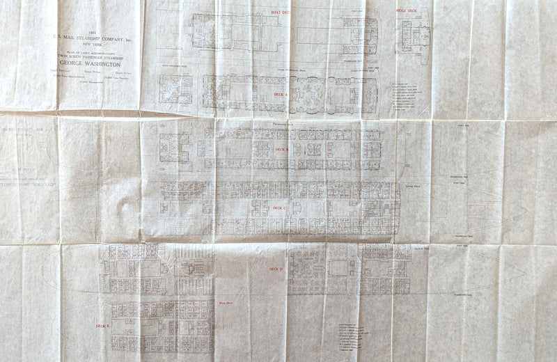 GEORGE WASHINGTON: 1909 - Rare 1921 U.S. Mail Lines First & Second class deck plan