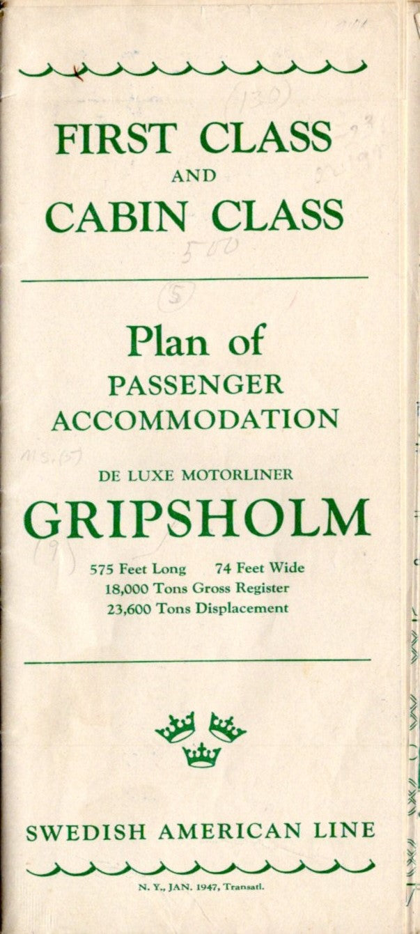 GRIPSHOLM: 1925 - First & Cabin deck plan from 1947