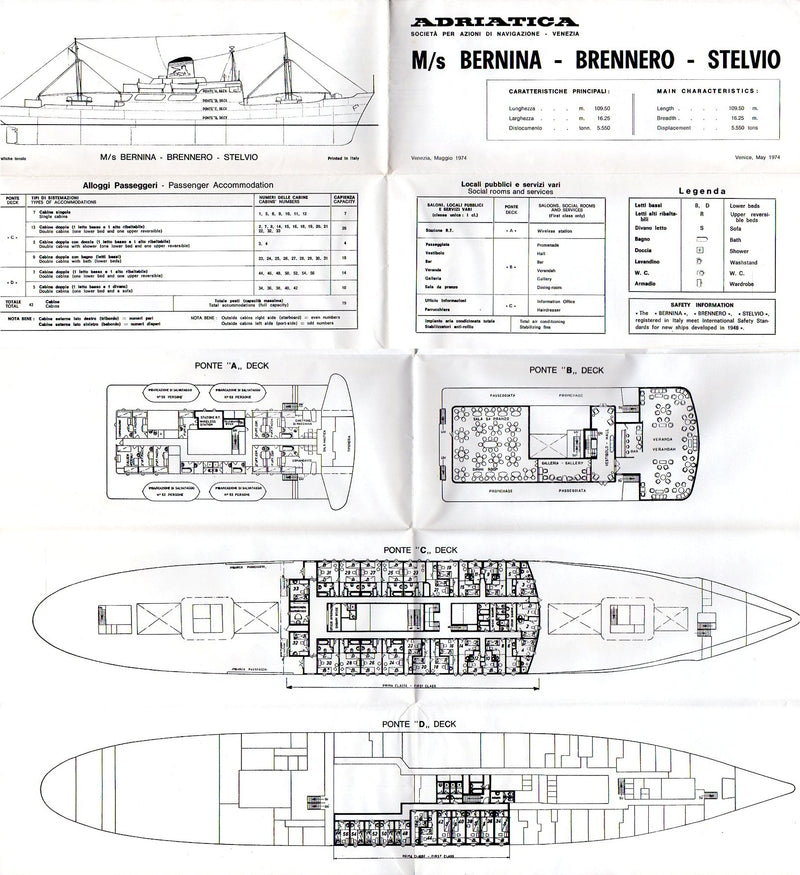 BERNINA, STELVIO & BRENNERO: 1959 - Deck plan & interiors brochure