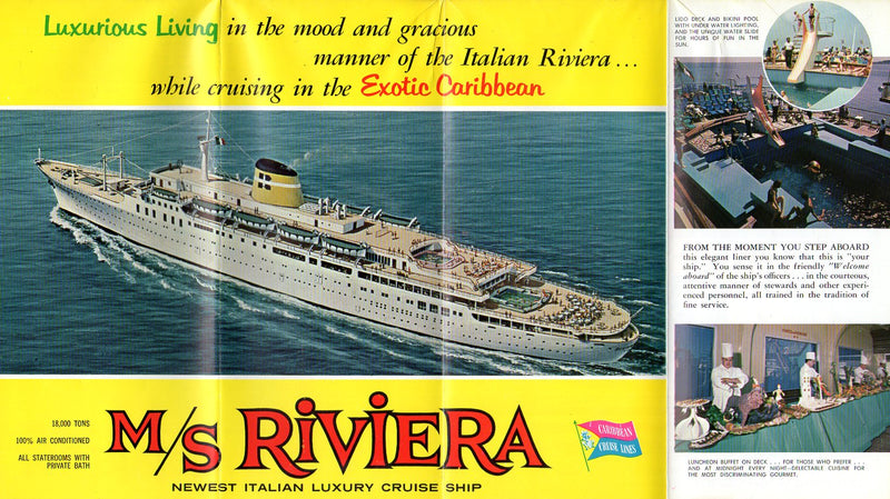 RIVIERA: 1950 - Caribbean Cruise Lines brochure w/ plans from 1964
