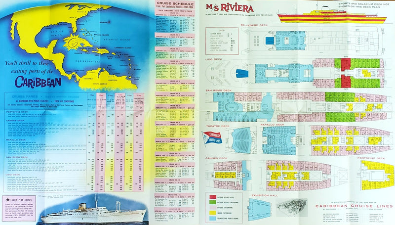 RIVIERA: 1950 - Caribbean Cruise Lines brochure w/ plans from 1964
