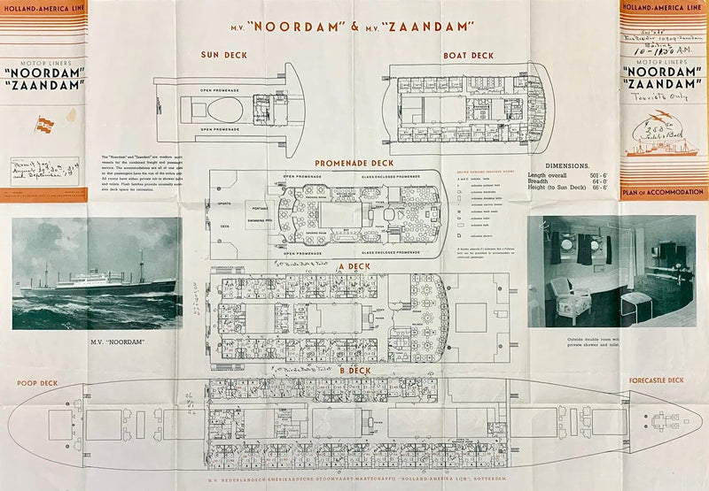NOORDAM & ZAANDAM - Rare 1938 deck plan - 1 ship survived WW2, 1 didn't