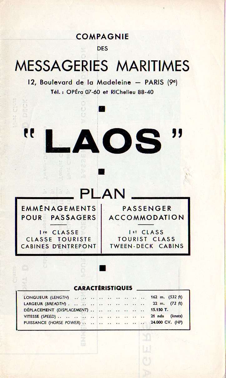 LAOS: 1954 - Tissue deck plan w/ interior photos