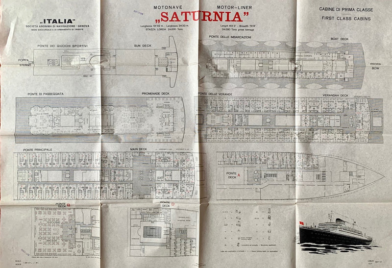 SATURNIA: 1927 - Large tissue First Class deck plan from 1937