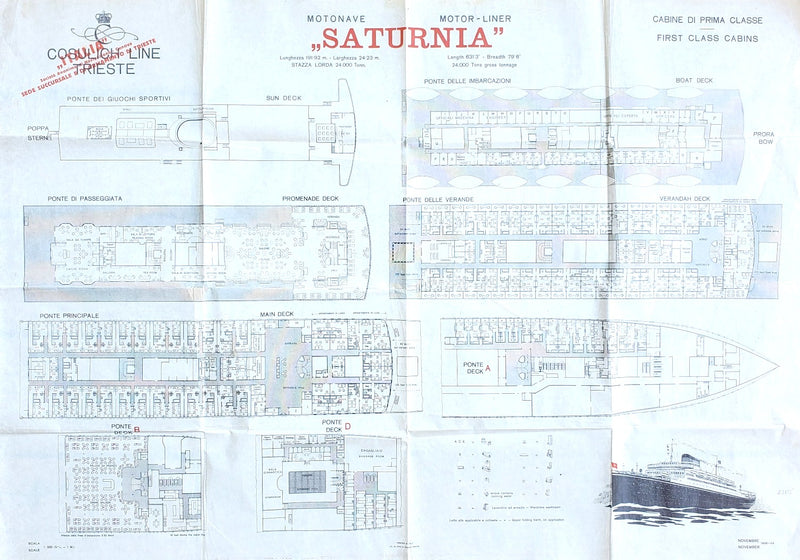 SATURNIA: 1927 - Large tissue First Class deck plan from 1936