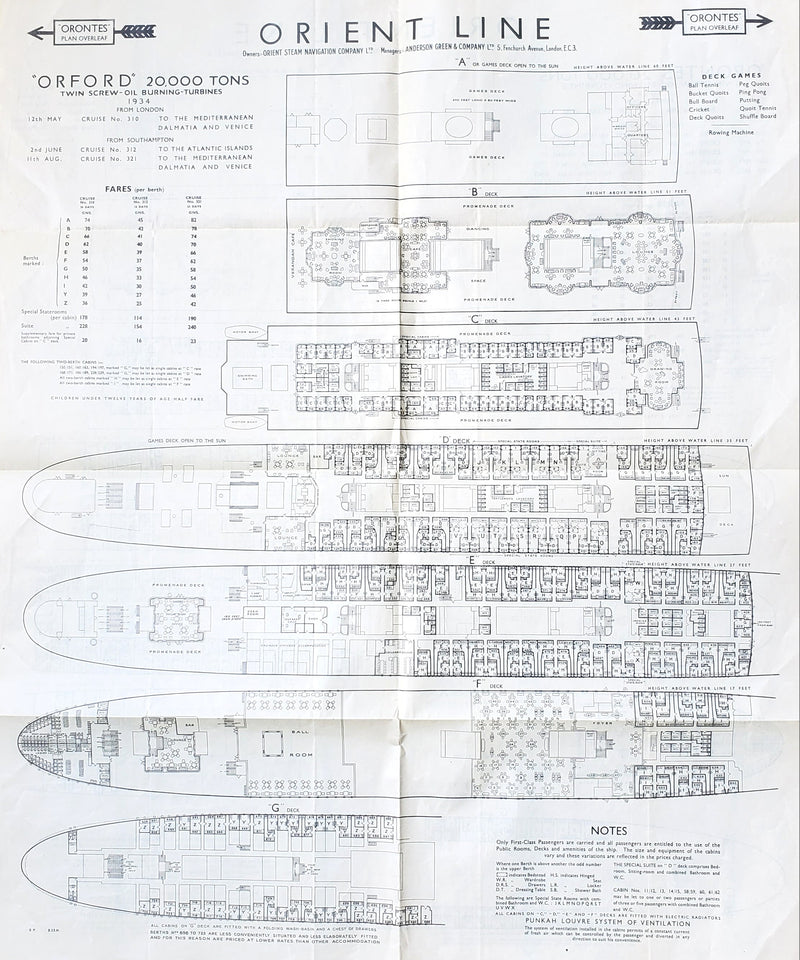 ORFORD & ORONTES - Two-sided cruise plan from 1934