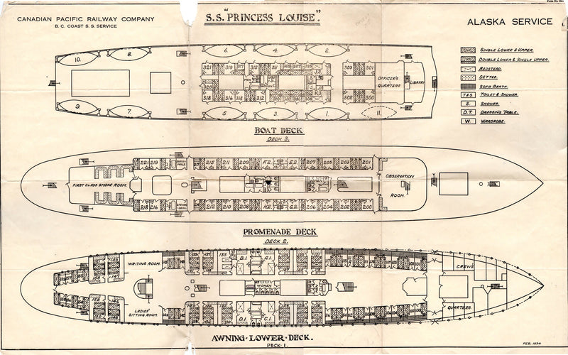 PRINCESS LOUISE: 1921 - Vancouver-Alaska costal steamer deck plan from 1934