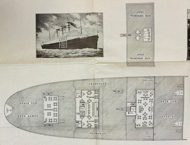 STATENDAM: 1929 - Large Tourist Class deck plan w/ pics from 1937