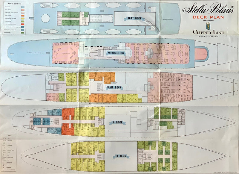 STELLA POLARIS: 1927 - Color-coded deck plan from 1950s