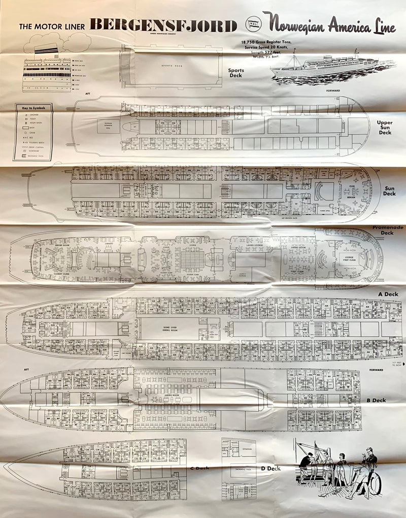 BERGENSFJORD: 1956 - Fold-out deck plan from 1950s