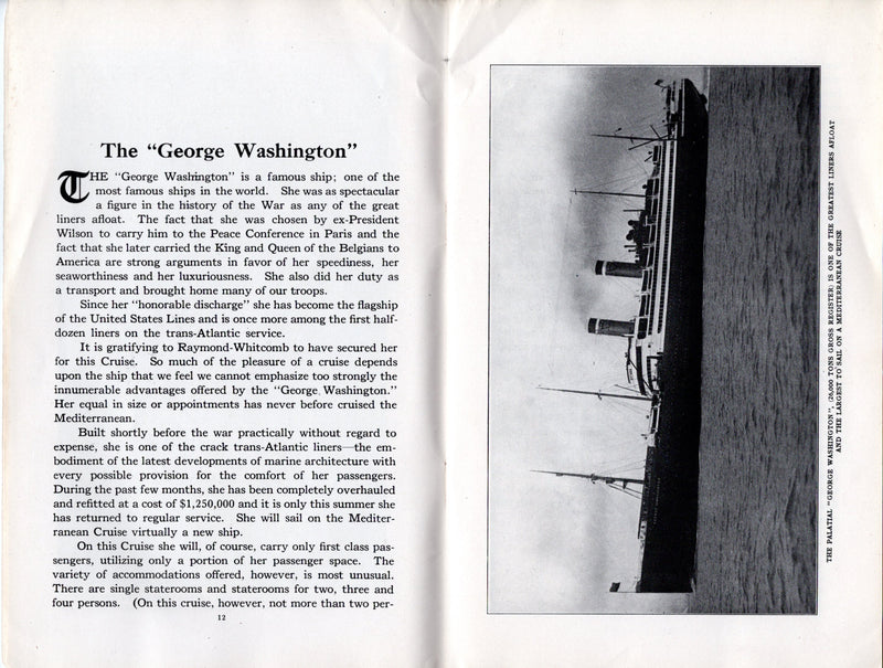 GEORGE WASHINGTON: 1909 - Mediterranean cruise brochure 1922 w/ 60 pages