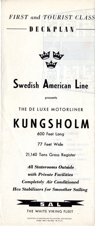 KUNGSHOLM: 1953 - First & Tourist class deck plan from 1961