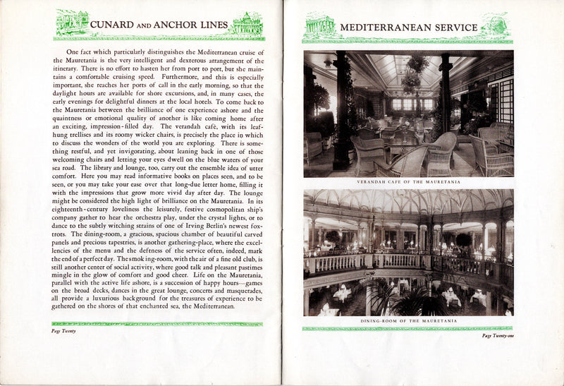 MAURETANIA: 1907 - Mediterranean cruise brochure from 1930s w/ interior photos